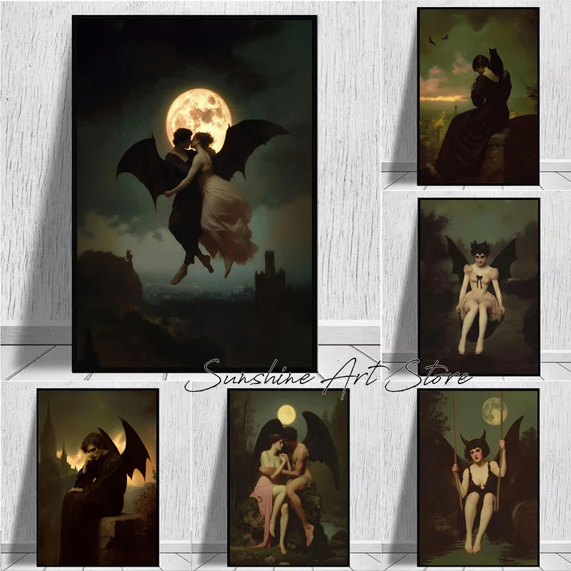 Gothic Demon Girl Lilith Bat Demonic Love Witchy Whimsigoth Painting Dark Fantasy Poster Canvas Painting Wall Picture Home Decor