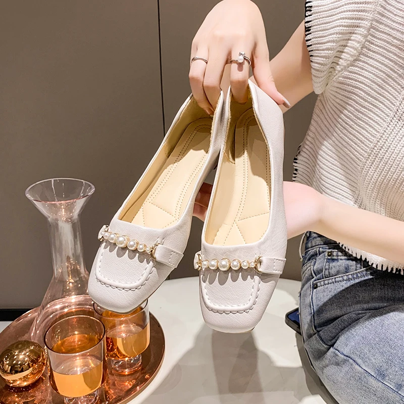 Black Square Toe Low Heel Elegant Shoes for Woman 2024 Women Summer Footwear Pearl Moccasins Ladies Quick Delivery Lastest Trend