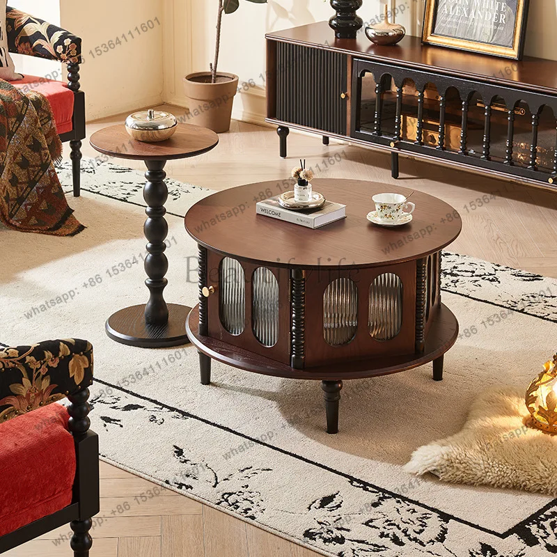 Francês retro madeira maciça mesa de centro sala de estar multifuncional pequeno apartamento armazenamento mesa redonda