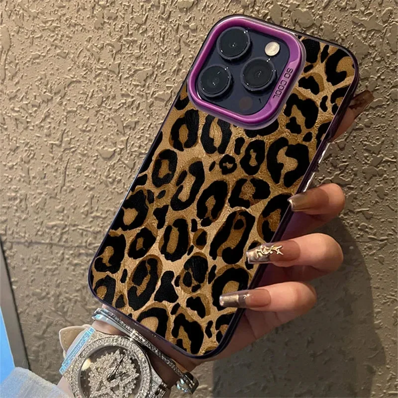 Brown Leopard Anti-drop Armour Phone Case For iPhone 15 Pro Max 14 13 12 11 Pro X XR XS 7 8 Plus SE Lens protect plating Cover