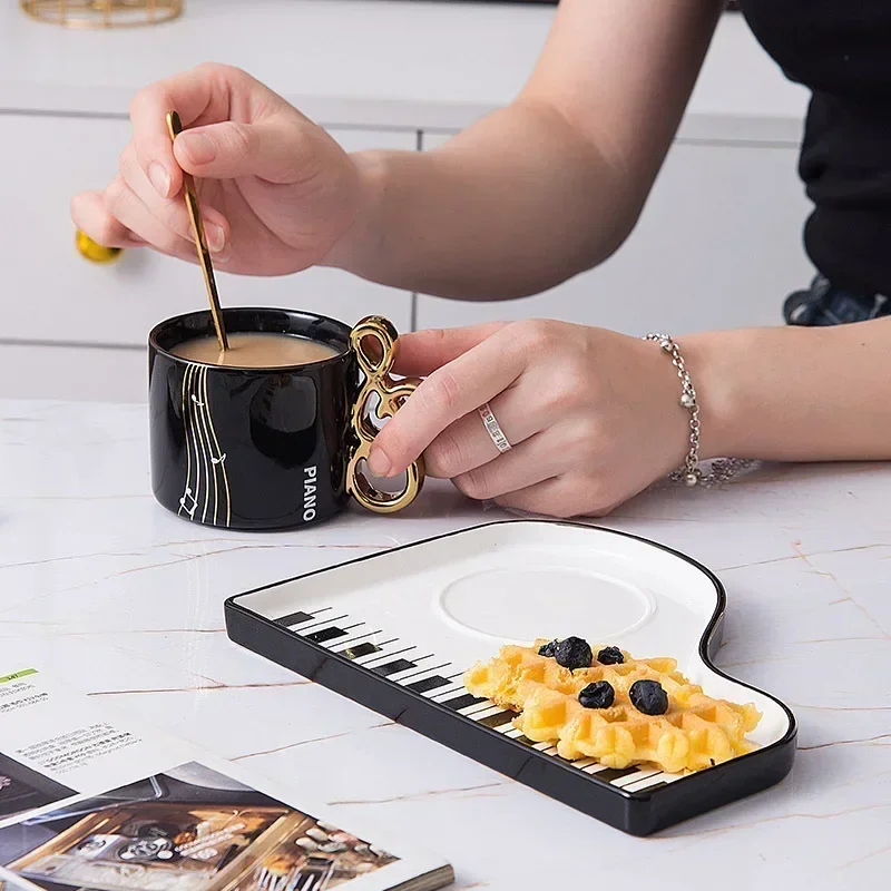 200ml Creative Piano Coffee Mugs with Plate Set Ceramic Mug Music Handle with Spoon Afternoon Tea Tableware Breakfast Milk Cup view 3