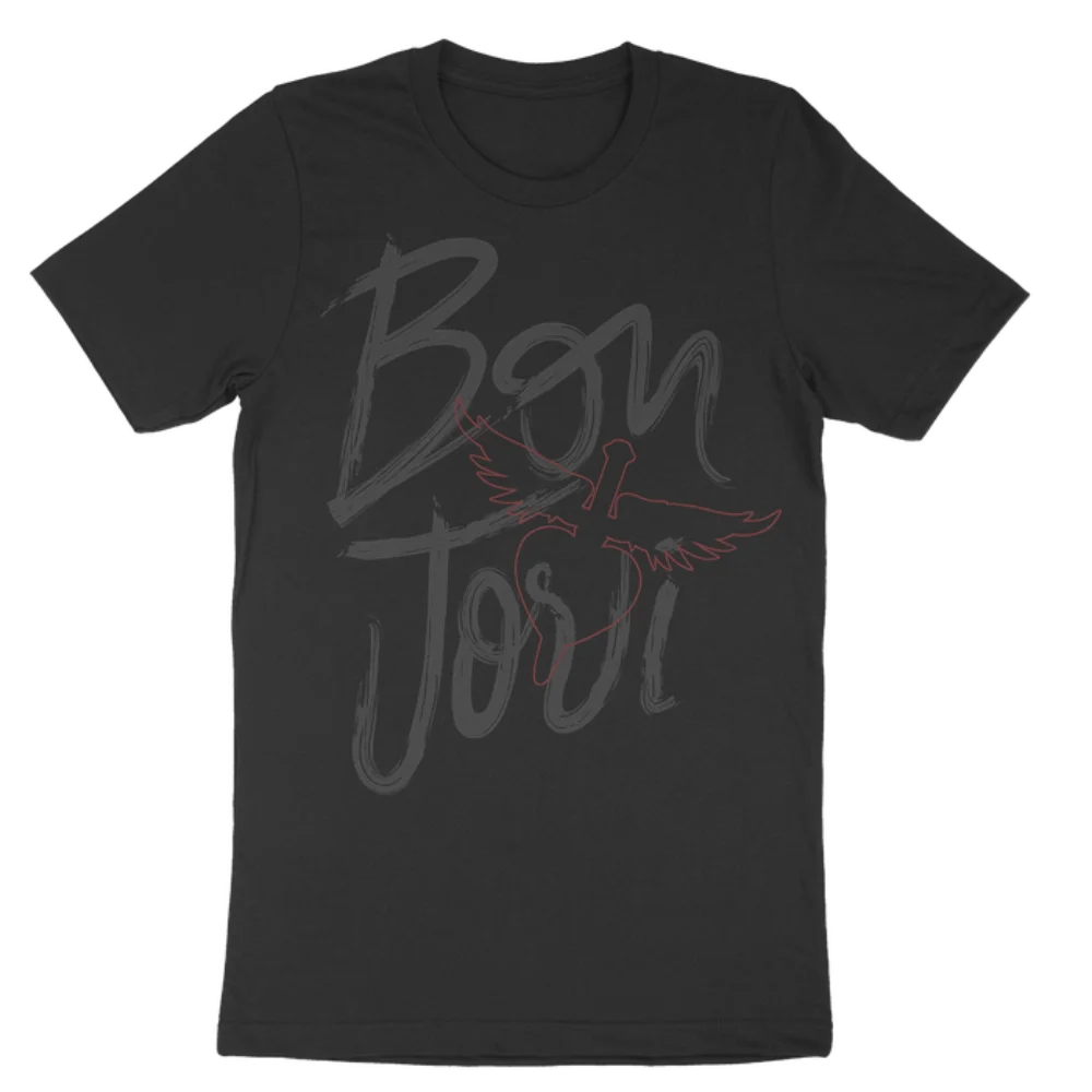 Bon Jovi Classic Hard Rock Band T-Shirt Iconic Winged Guitar Emblem Theme with Distressed Handwritten Graffiti-Style Typography