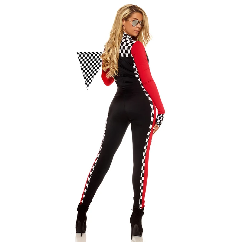 Sexy Lady Race Car Driver Costumes Long Sleeves Racer Girl Uniform with Flags Racing Jumpsuit Cosplay Halloween Costume