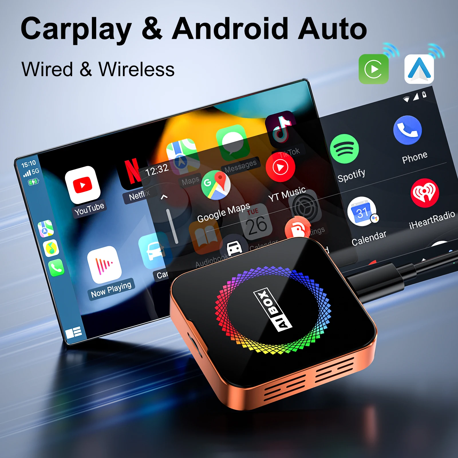 2026 3-in-1 Android 14 CarPlay AI Box Quad-Core Wireless CarPlay Android Auto HDMI Netflix YouTube Screen Mirroring for OEM Cars