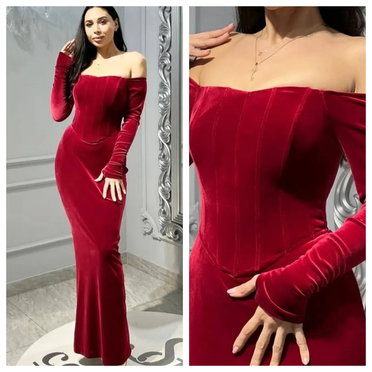 Customized Evening Dress Exquisite Burgundy Velvet Strapless Off the Shoulder Long Sleeves Elegant Mermaid Ruched Party Dresses