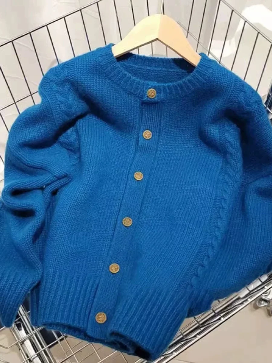 

Klein Blue Women's Knitted Woolen Open Cardigan Autumn Winter Warmth Spinning Yarn Long Sve round Ne Regular Fit Sweater