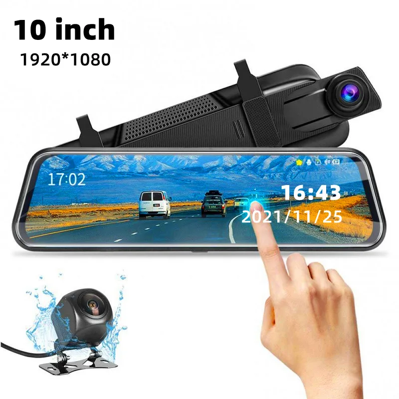 

10 Inches Full Touch Screen Car DVR with 1080P Dual Lens WIFI GPS Rearview Mirror Universal Dash Cam 5V 500 (g) 1 Year Warranty