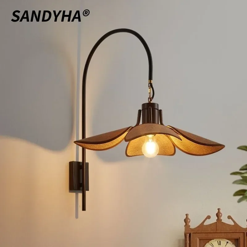 SANDYHA Ancient Linen Fabric Wall Lamp Retro Wall Decorative Light for Living Room Hallway LED Lighting Fixture Home Decoration