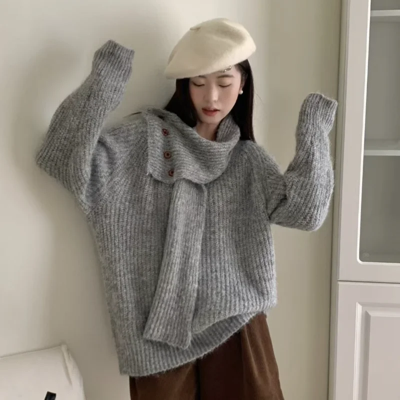 

Весенне-осенний новый дизайн, съемный шарф с четырьмя пуговицами, однотонный вязаный свитер, свободный мягкий свитер с длинными рукавами