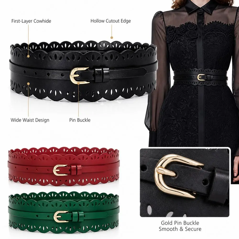Leather Waist Cincher Wide Waist Belt Top Grain Cowhide Cutout Corset Waist Belt Vegetable Tanned Leather Wide Band