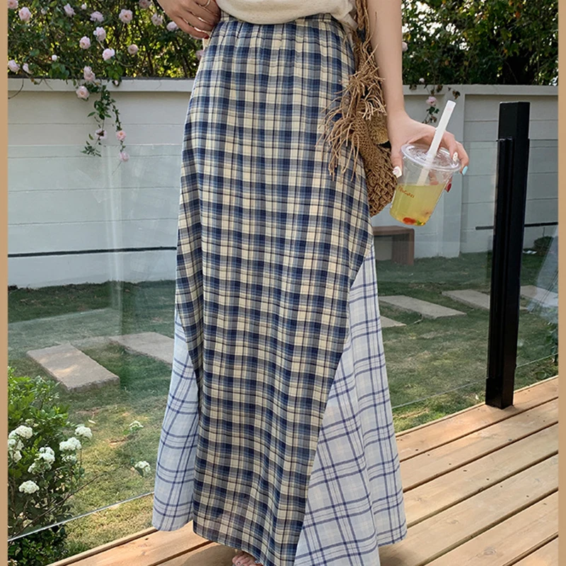 Élégant bleu Plaid femmes jupes longues été élégant choc couleur épissé drapé Faldas décontracté tout-Match taille haute a-ligne jupes