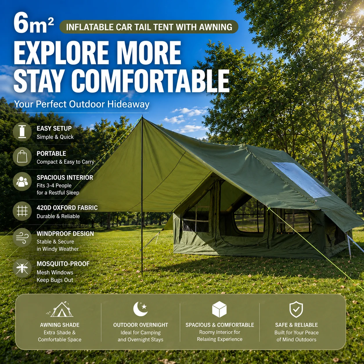 6m² Inflatable Camping Tent for 3-4 People 420D Oxford Waterproof Windproof Outdoor Tent with Awning