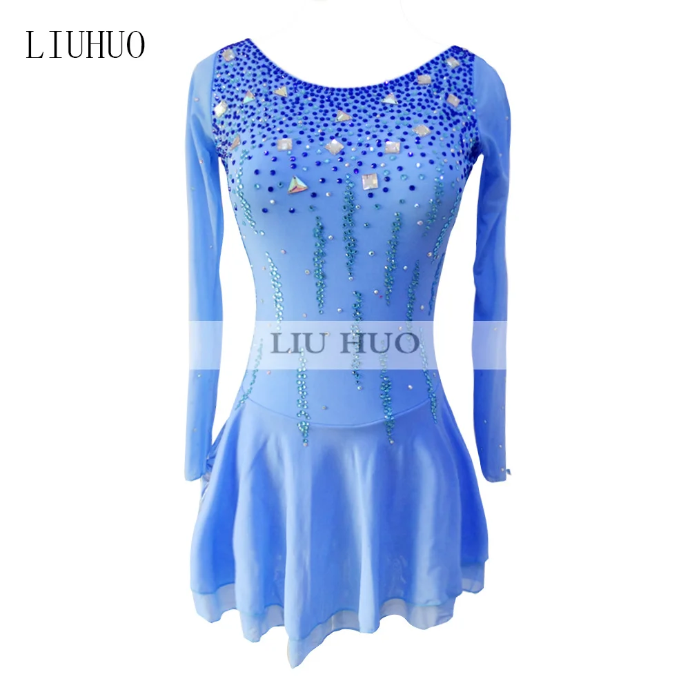 LIUHUO Women Girl Performance Aldult Gymnastics Competition Leotard Ice Figure Skating Dress Dance Costume Long Sleeve Sky Blue