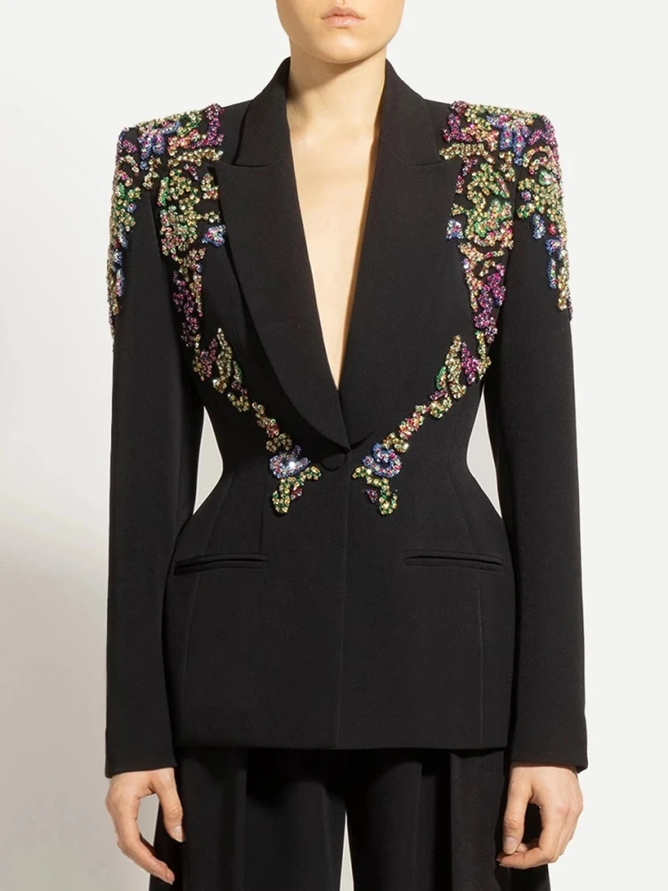 

Сексуальный роскошный тонкий блейзер с v-образным вырезом и блестками, расшитый бисером, женский черный пиджак с длинными рукавами и одной пуговицей, элегантная верхняя одежда для вечеринок