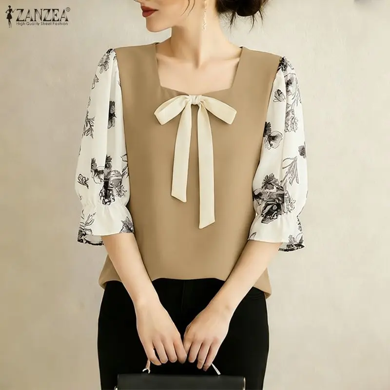 

ZANZEA Woman Elegant Bow Detail Blouses Square Neck Floral Printed 3/4 Sleeves Contrast-Color Tops Spring Summer Blusas de Mujer