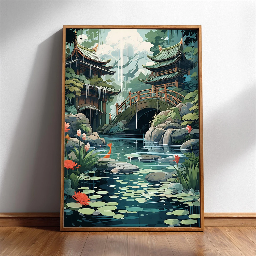 Japanese Koi Pond Art Print Zen Garden Art Japandi Style Poster Vintage Asian Wall Art Nature Scene River and Mountains Decor