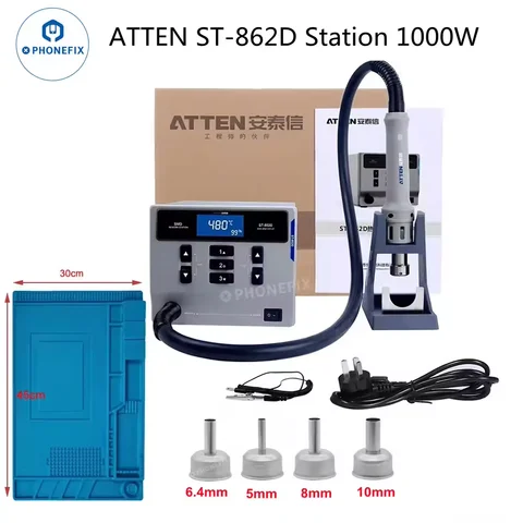 ATTEN ST862D BGA 재작업 스테이션, 1000W 회오리 바람 뜨거운 공기총 납땜 스테이션, 6mm, 8mm, 12mm 곡선 5mm, 8mm, 10mm, 12mm 직선 노즐