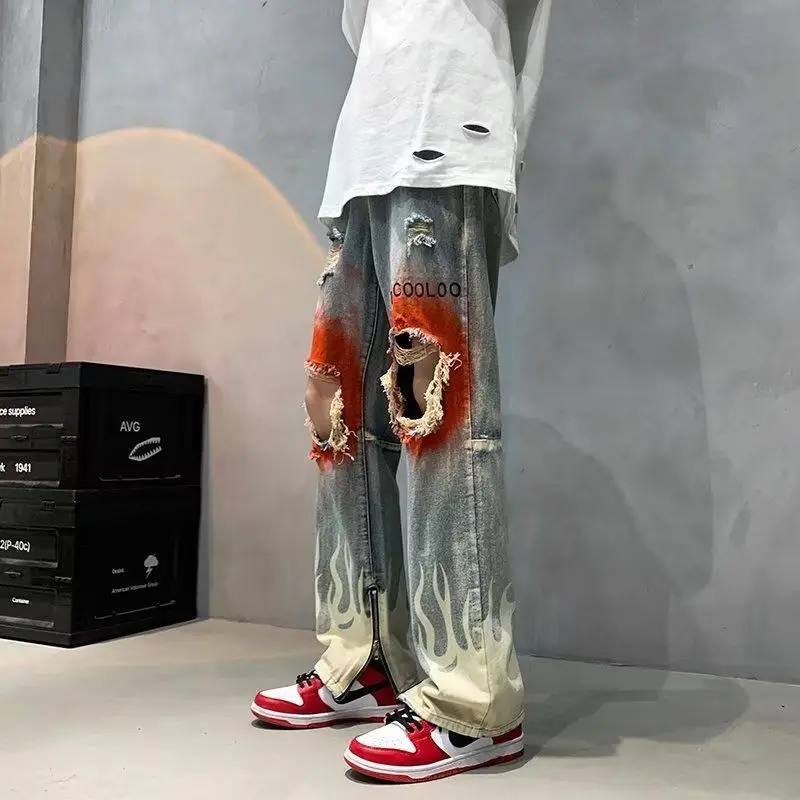 American retro street feel trendy brand graffiti personalized torn hole split jeans high street design feel hiphop pants