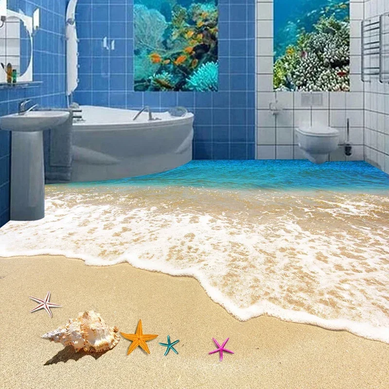 

Custom Mural Papel De Parede 3D Sandy Beach Shell Starfish Living Room Bathroom Floor Sticker Waterproof Self-adhesive Wallpaper