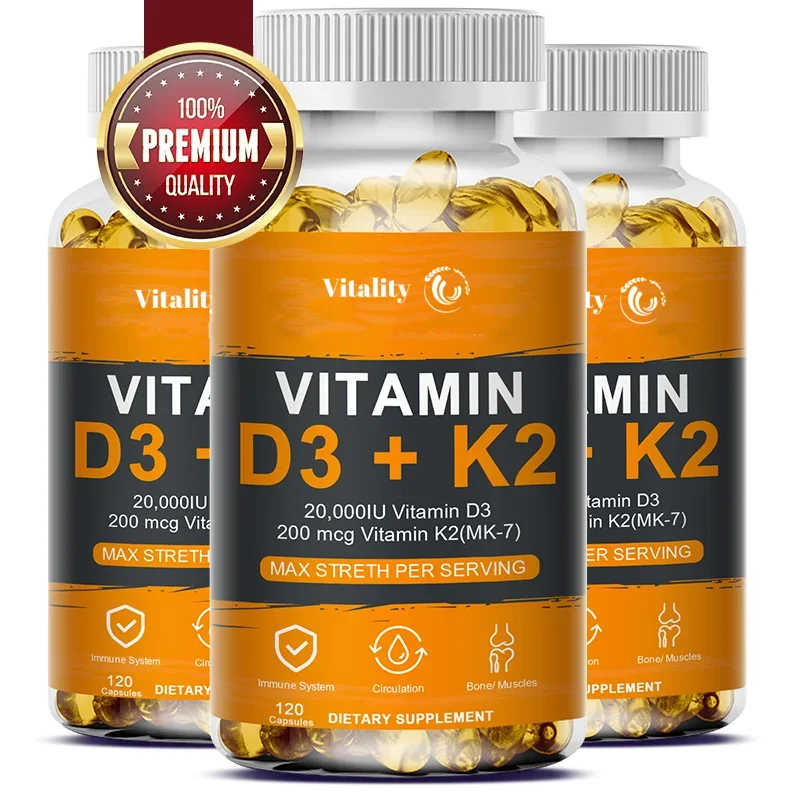 Cápsula de vitamina D3 K2: vitamina D3 de 20.000 Iu que promueve fuerte, absorción de calcio, dientes, corazón, cardiovascular