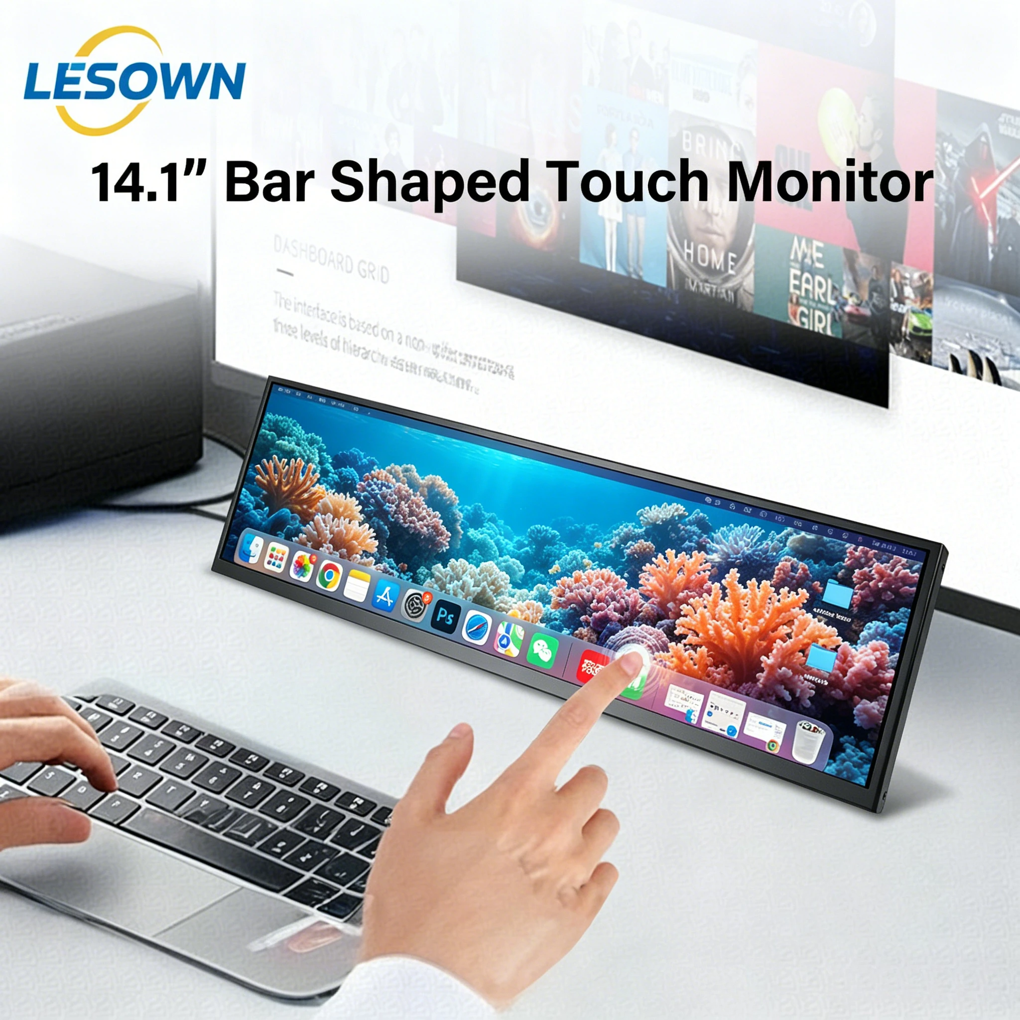LESOWN Touchscreen Secondary Monitor 14.1 inch IPS 1920x515 HDMI Long Strip Display for PC Case Aida64 GPU CPU RAM Monitoring