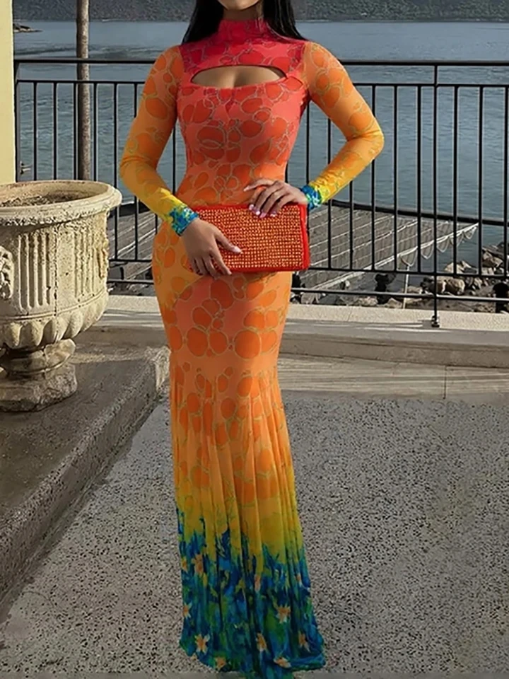 

Fashion Hollow Out Long Sleeve Fishtail Dress Elegant Bodycon Printed Vacation Dress Autumn New Slim Pleated Wrap Dress Lady