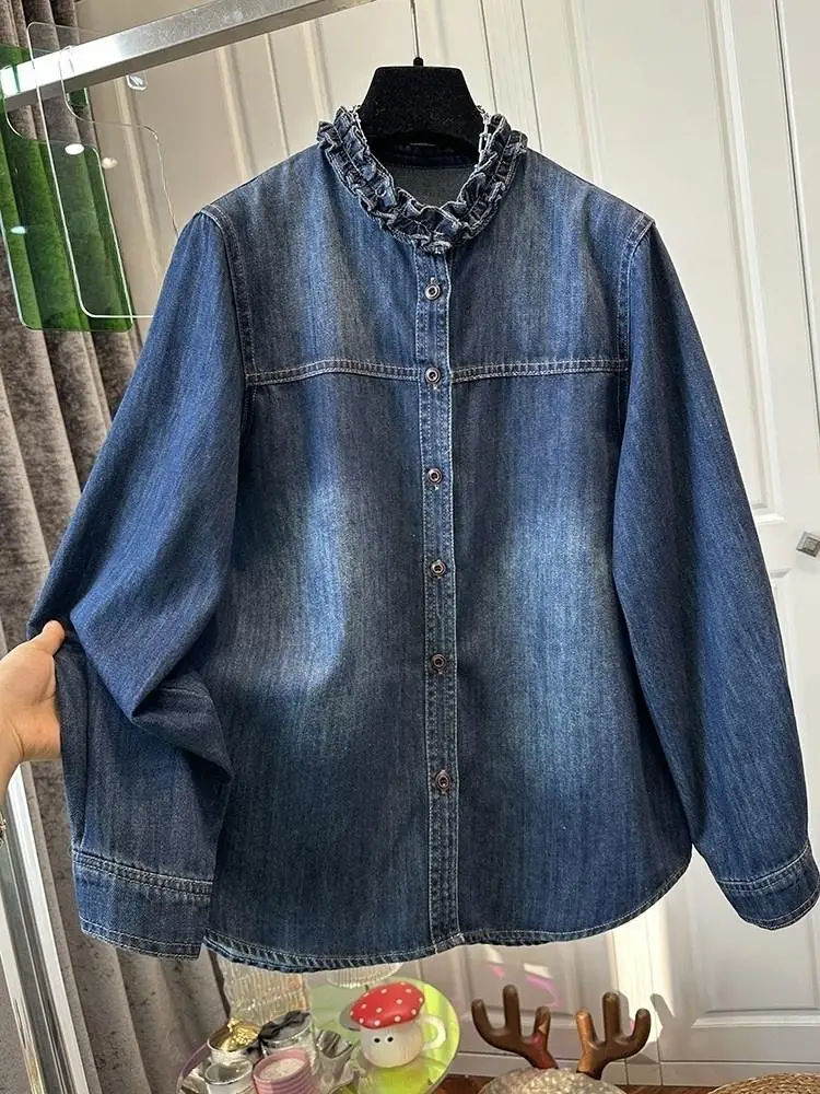 

Модные джинсовые рубашки SuperAen с кружевным воротником-стойкой для женщин, весна 2026, новые, нежно-голубые, оверсайз, с длинными рукавами