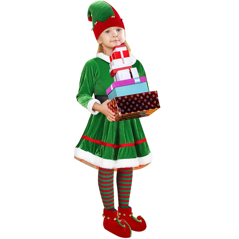 Enfant Christmas Elf Costume Set Velvet Dress Belt Striped High Socks Hat Shoes Xmas Outfit Santa Helper Fancy Dresses 2026
