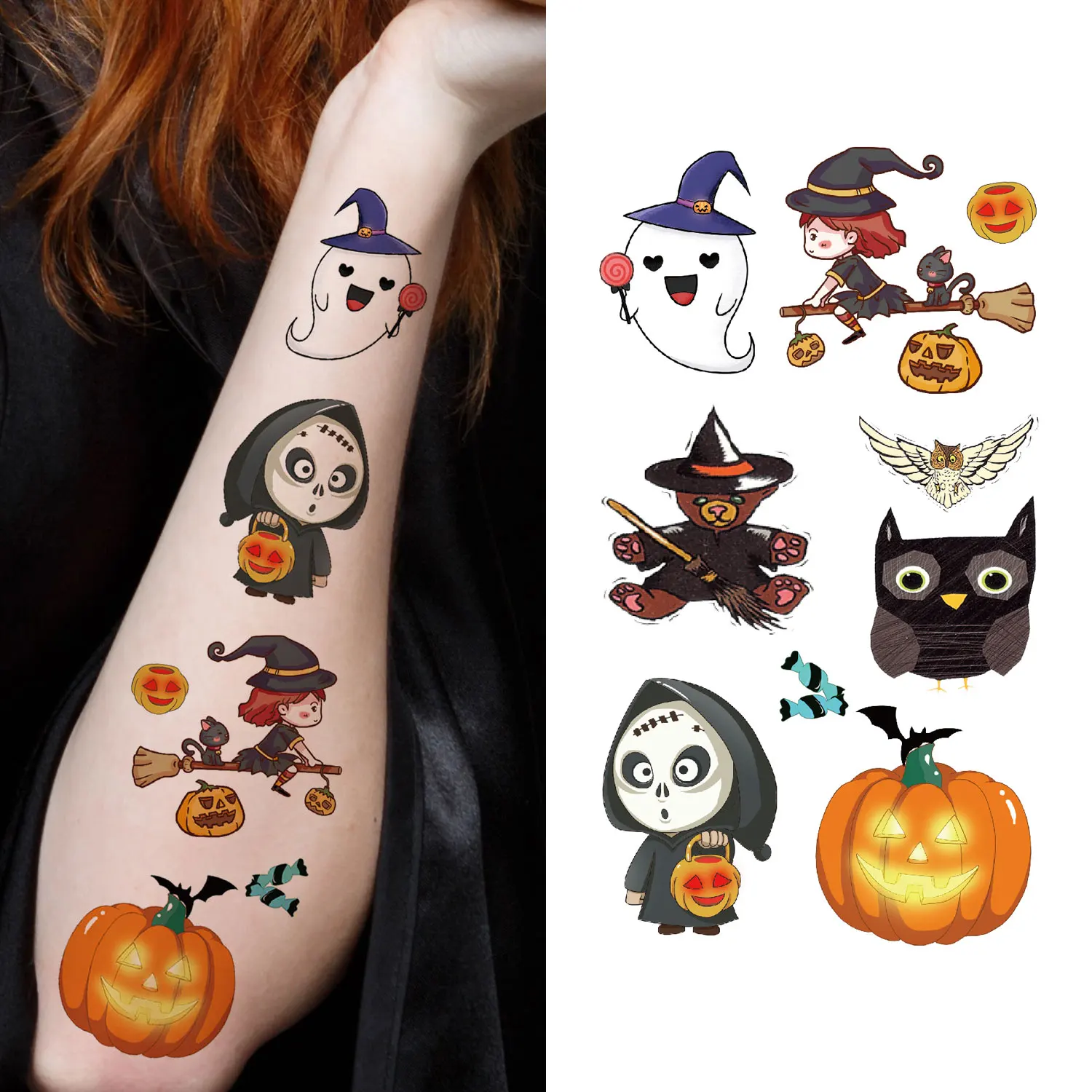 ملصقات وشم مؤقتة، 10 أوراق، تصميمات كرتونية للهالوين، شبح، قطة، ساحرة، مصاص دماء، قرع، خفاش، ملصقات فنية للجسم Fo