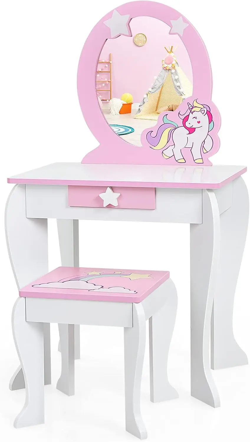 Honey Joy Unicorn Kids Vanity, Toddler Makeup Table With Mirror And Stool, Wooden Pretend Play Vanity For Little Girls,