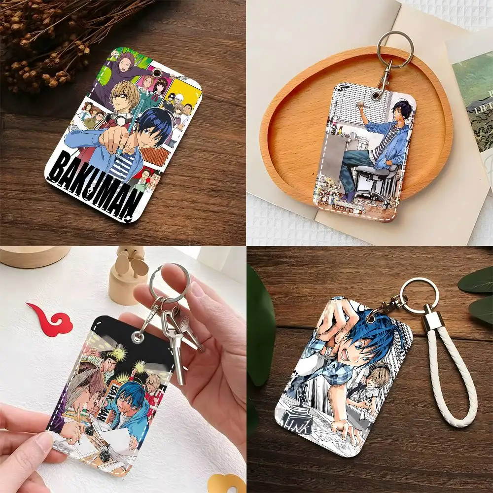 1pc Bakuman Card Case Keychain Access Card Bag Key Tag Ring Leather Card Holder Key Ring Access