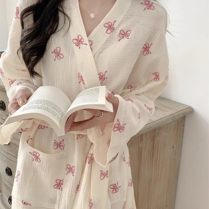 

Sleeping Robe Female Spring and Fall New Japanese Ins Style Cute Bathrobe Bear Long-Sleeved Casual Princess Style Home Clothing