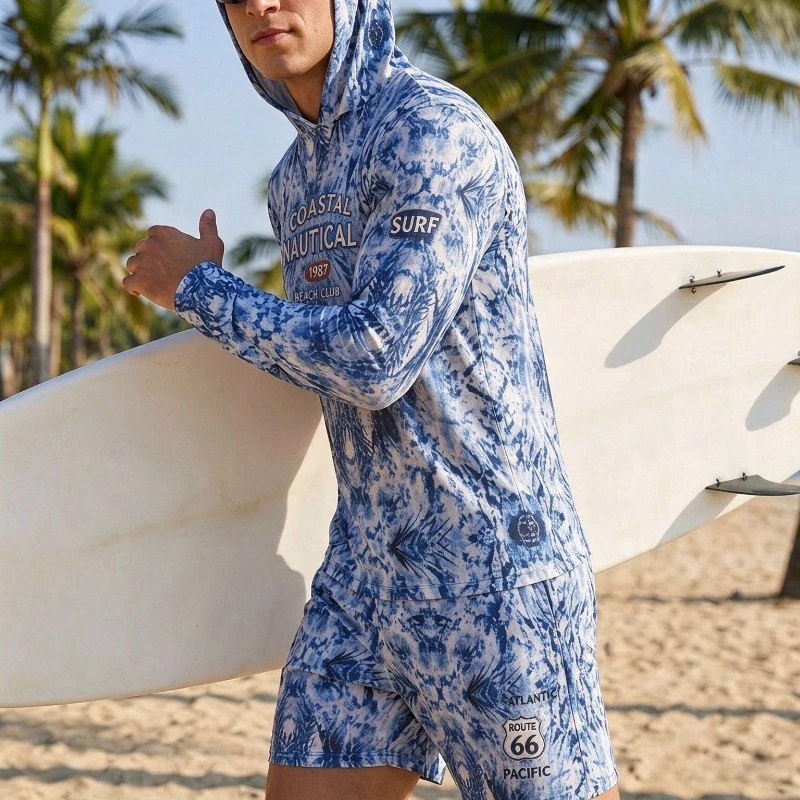 Men 2 Piece Swimsuit Set Hooded Long Sleeve Rash Guard Top+Shorts Blue Tie Dye Print UPF50+ Quick Dry Surf Beach Bathing Suit