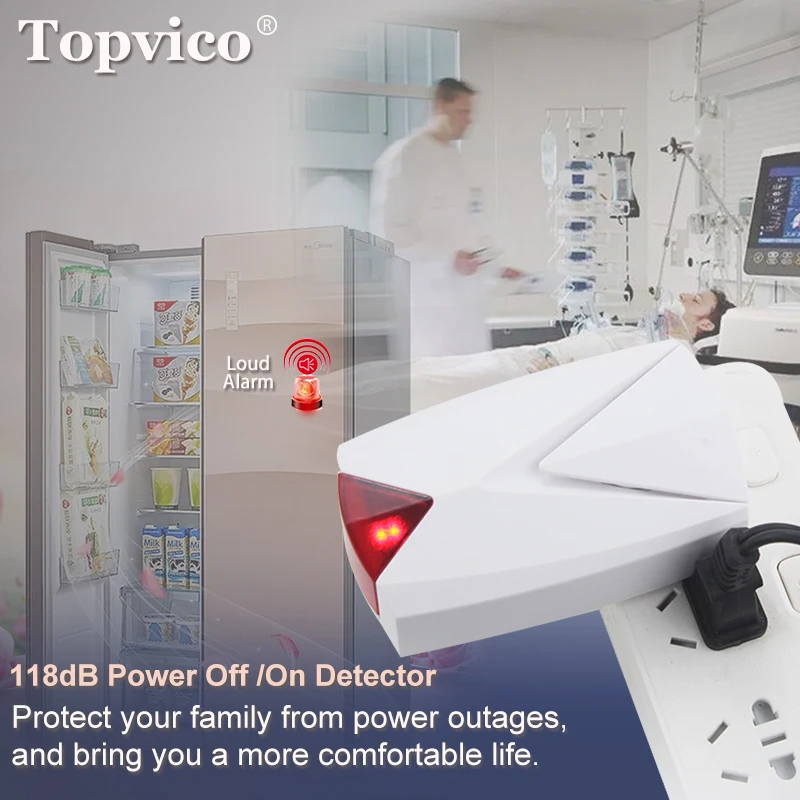 Imagem -02 - Topvico 10 Peças Alarme de Falha de Energia Desligado Mais no Detector Alerta 100v220v Congelador Sensor de Interrupção Médica 118db Sirene Alta com Led