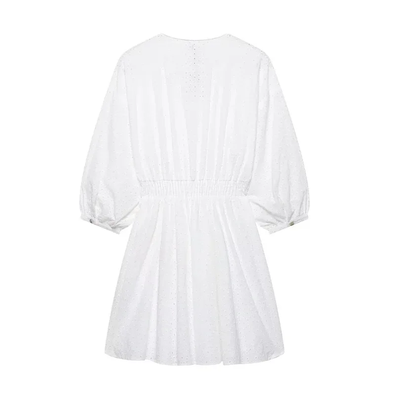 

Women's V-Neck Mini Dress with Long Lantern Sleeves Hollow Embroidery Single-Breasted Pleated Loose Fit Solid Color Spring Dress