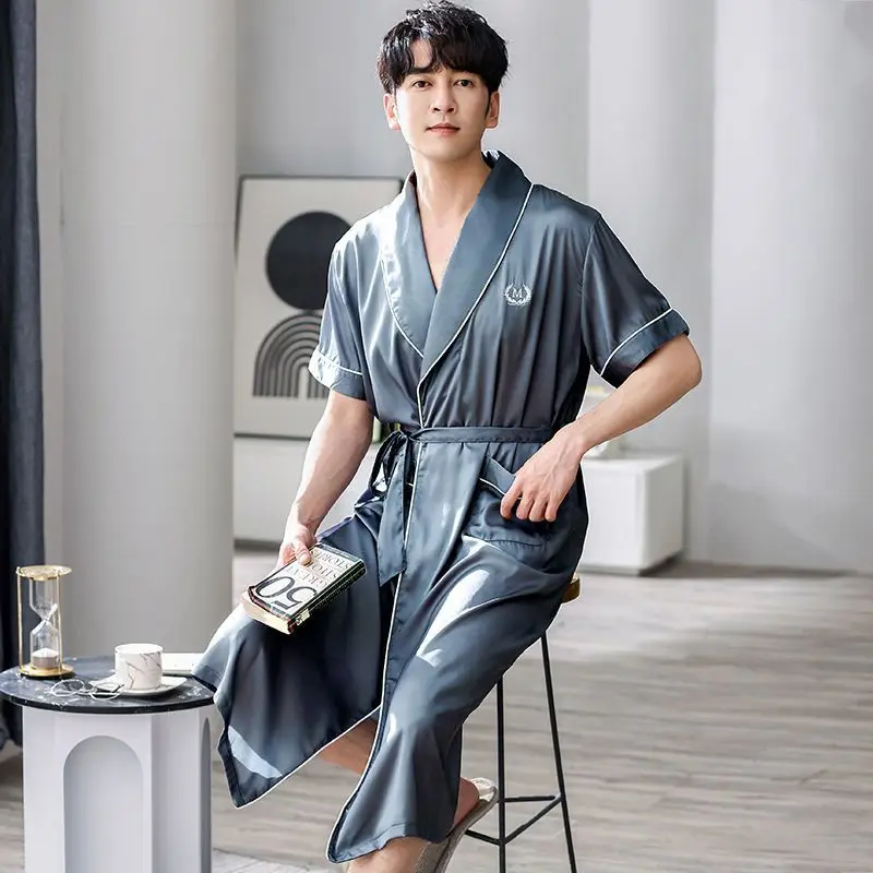 Hot Summer Plus Size Short Sleeve Ice Silk Satin Robes for Men Korean Loose Sleepwear Bathrobe Male Homewear Lounge Home Clothes view 5