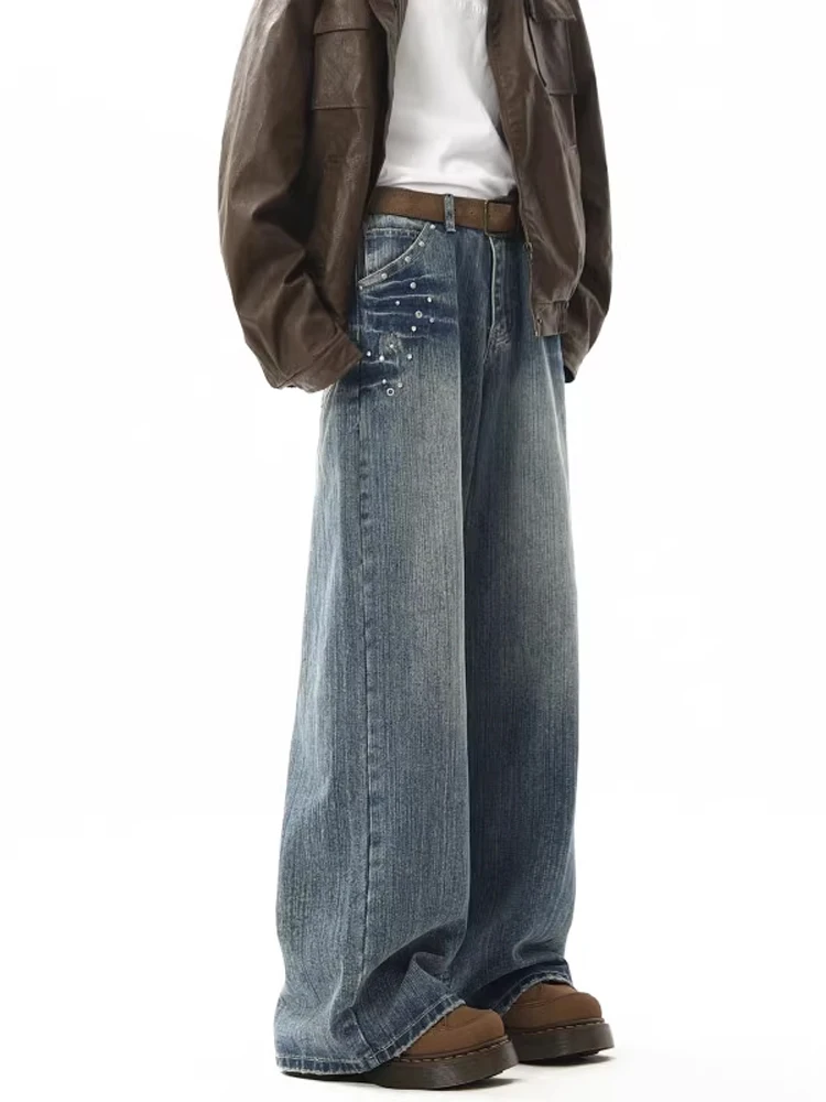 Retro Amerikaanse klinknagel jeans heren herfst winter losse rechte pijpen getailleerde Faion merk all-match wijde pijpen broek