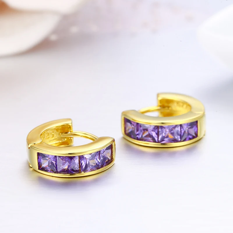 Cute 925 Sterling Silver Gold Color Amethyst Purple CZ Circle Small Loop Huggie Hoop Earrings For Women Kids Jewelry Aros Artes