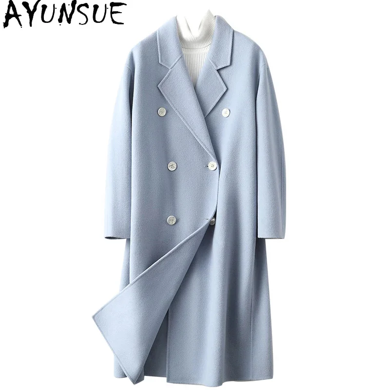 

Long AYUNSUE 100% Wool Coats for Women 2024 Fall Winter High Quality Double Breasted Woolen Jacket Casual Outerwear Veste Femme