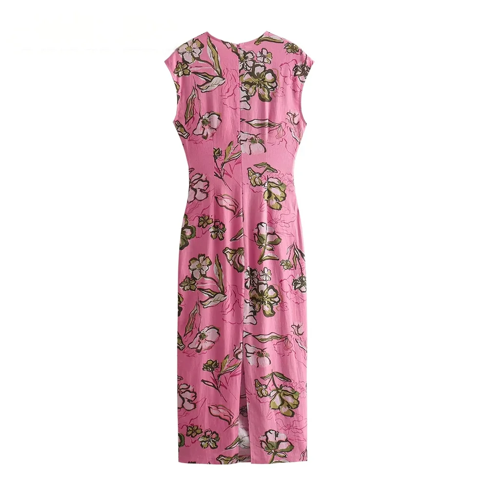 KONDALA 2026 Spring Summer Sexy Women Print Flower Dress Fashion Elegant O Neck Slim Hollow Out Pencil Dress Chic Party Dress