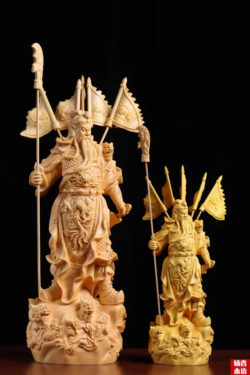 Hand Carved Wooden Guan Gong Statue Figurine w/ Five Flags - God of War Wealth Protector Ornament Home Office Shop Decor Gift