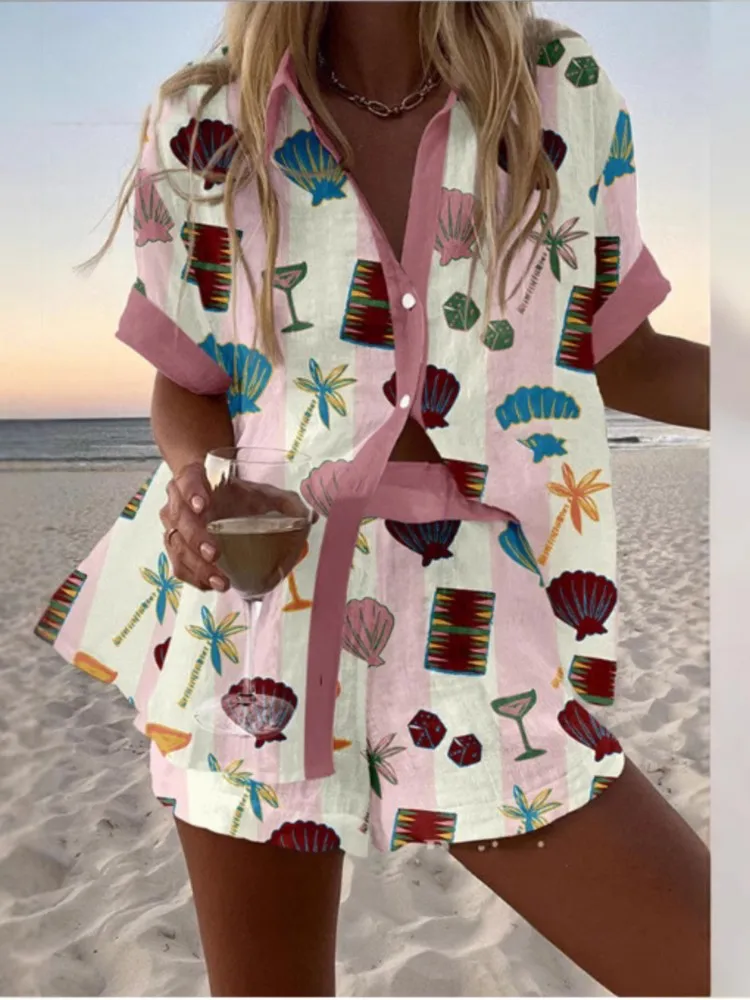 

Fashion Print Beach Holiday Shorts Sets For Women Summer Short Sleeve Shirts Top Wide Legs Shorts New Beachwear Two Piece Sets