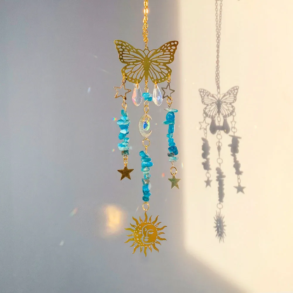 Custom Apatite Chip Stone Butterfly Sun Catcher - Glass Pendants Hanging Ornament for Window Decor
