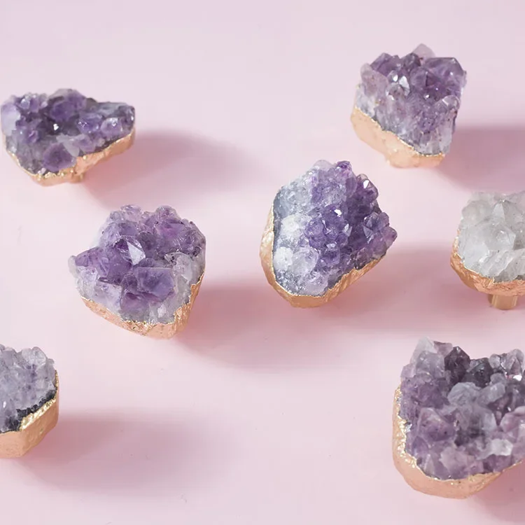 Natural Purple Crystal + Brass Knob Dresser Drawer Knobs Pulls Handles / Cupboard Knobs Furniture Cabinet Handle Pull Hardware