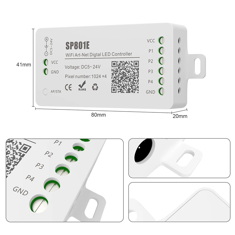 DC 5V~24V Art-Net SP801E LED WiFi Controller for WS2812B WS2811 WS2815 SK6812 Digital RGB LED Strip Matrix Panel Module Light