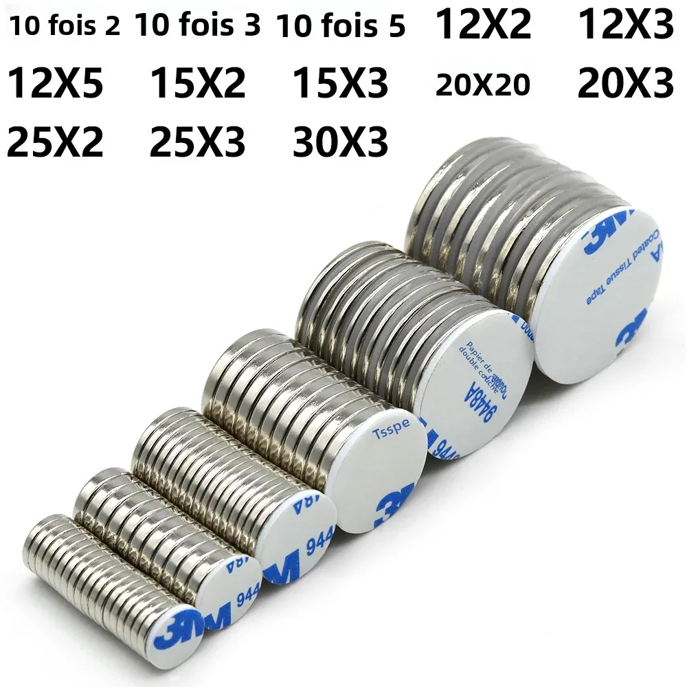 Aimant en néodyme super puissant N35 rond avec adhésif double face NdfeB, aimants permanents puissants, aimants pour réfrigérateur