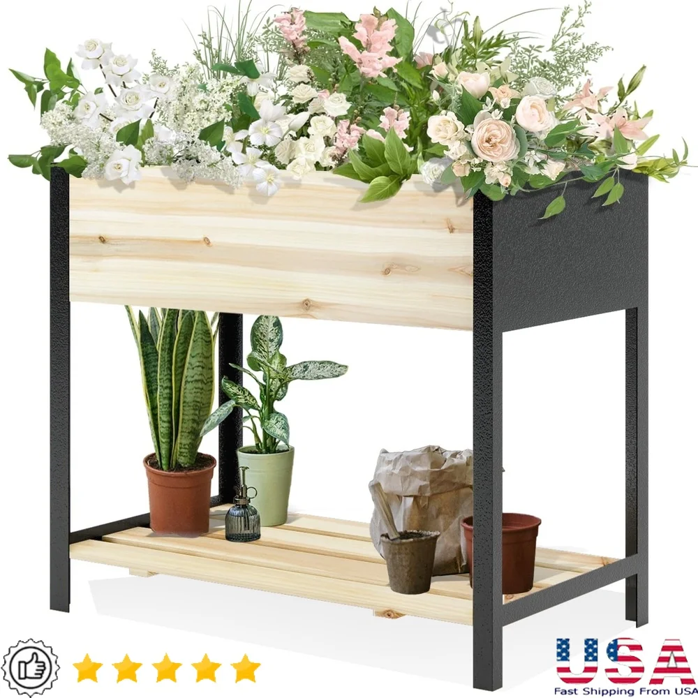 

Elevated Garden Bed with Metal Legs Wood Planter Box Outdoor 36x18 Inch Easy Assembly Durable Rust Resistant Garden Planter