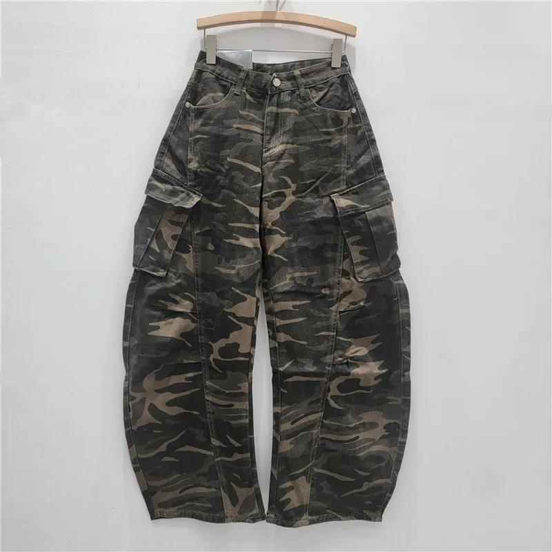 

American Retro Washed Design Camouflage Cargo Pants, Unisex Loose Straight Multi-Pocket Wide Leg Paratrooper Pants Jeans