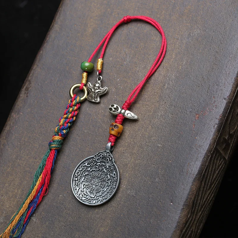 Handmade woven rope pendant made of Tibetan silver, featuring the twelve zodiac signs, nine palaces, and eight trigrams, with ta