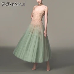 TWOTWINSTYLE Hit Color Elegant Dresses For Women Square Collar Sleeve High Waist Patchwork Mesh Chic Long Dress Female Fashion